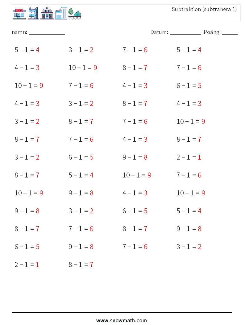 (50) Subtraktion (subtrahera 1) Matematiska arbetsblad 2 Fråga, svar