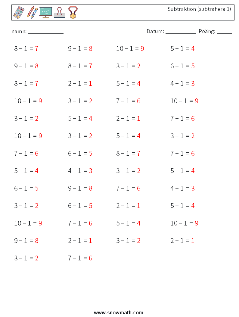 (50) Subtraktion (subtrahera 1) Matematiska arbetsblad 3 Fråga, svar