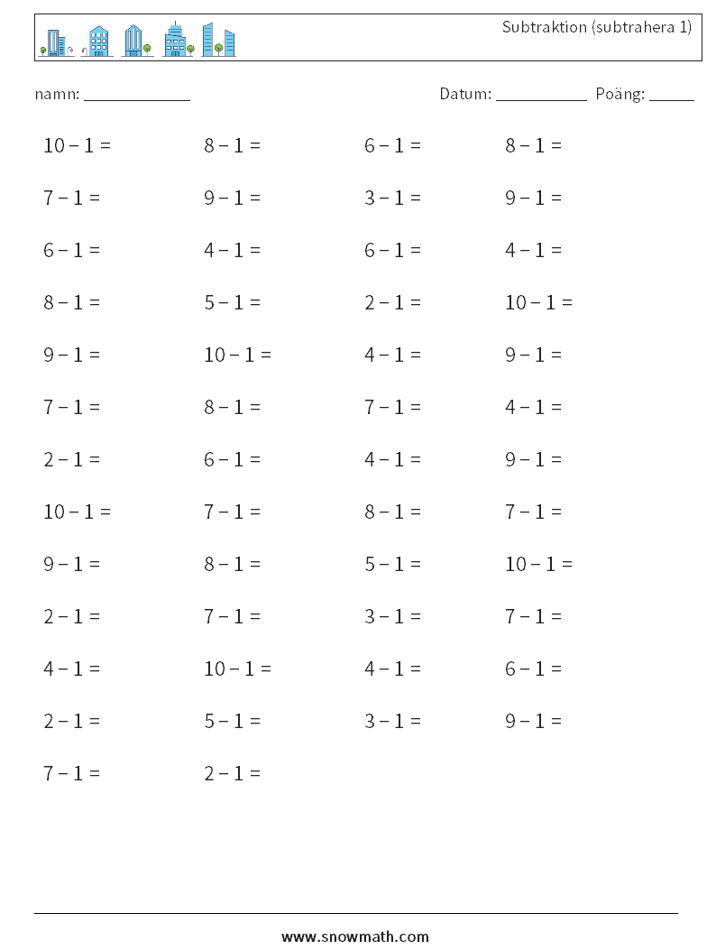 (50) Subtraktion (subtrahera 1) Matematiska arbetsblad 4