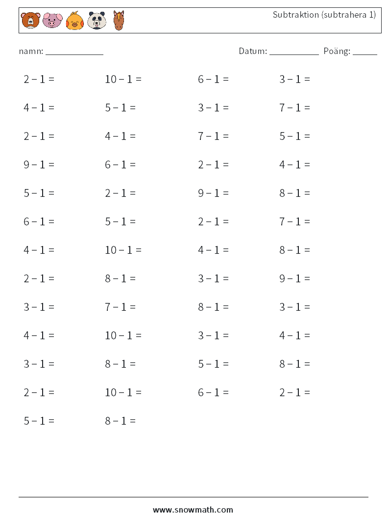 (50) Subtraktion (subtrahera 1) Matematiska arbetsblad 5