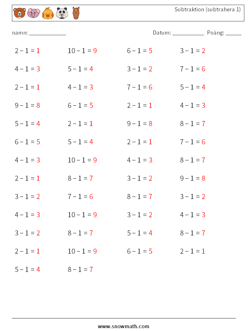 (50) Subtraktion (subtrahera 1) Matematiska arbetsblad 5 Fråga, svar