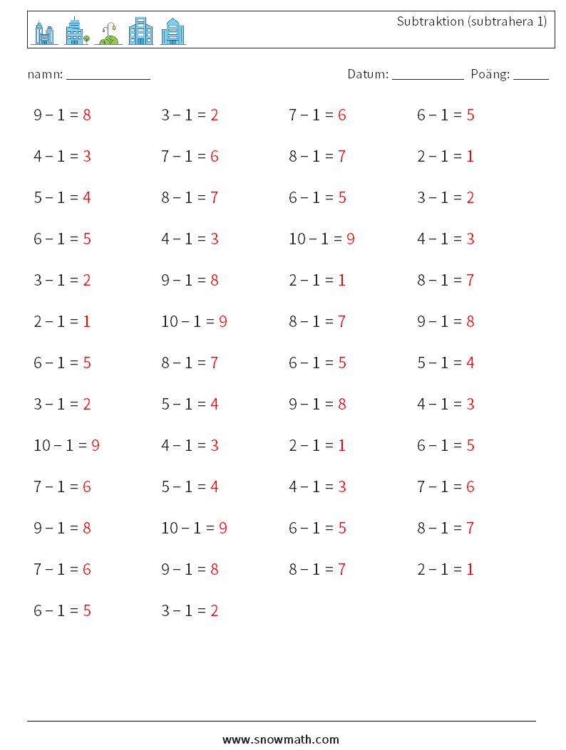 (50) Subtraktion (subtrahera 1) Matematiska arbetsblad 6 Fråga, svar