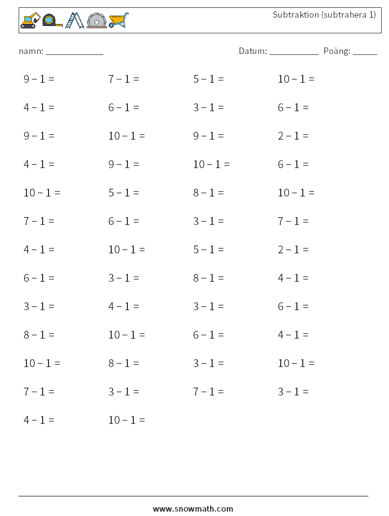 (50) Subtraktion (subtrahera 1) Matematiska arbetsblad 7