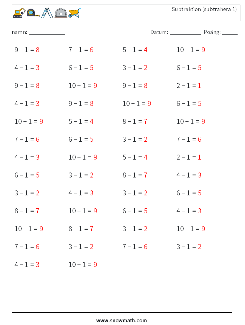 (50) Subtraktion (subtrahera 1) Matematiska arbetsblad 7 Fråga, svar