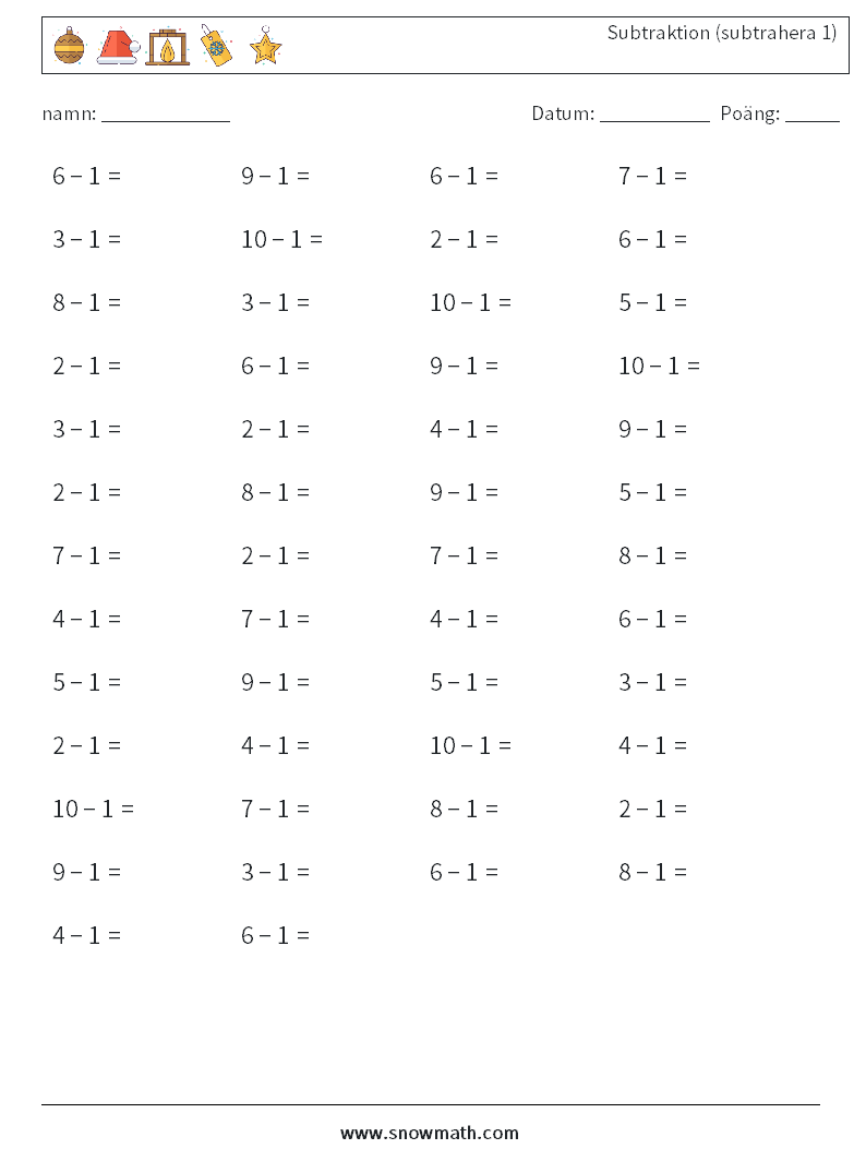 (50) Subtraktion (subtrahera 1) Matematiska arbetsblad 8