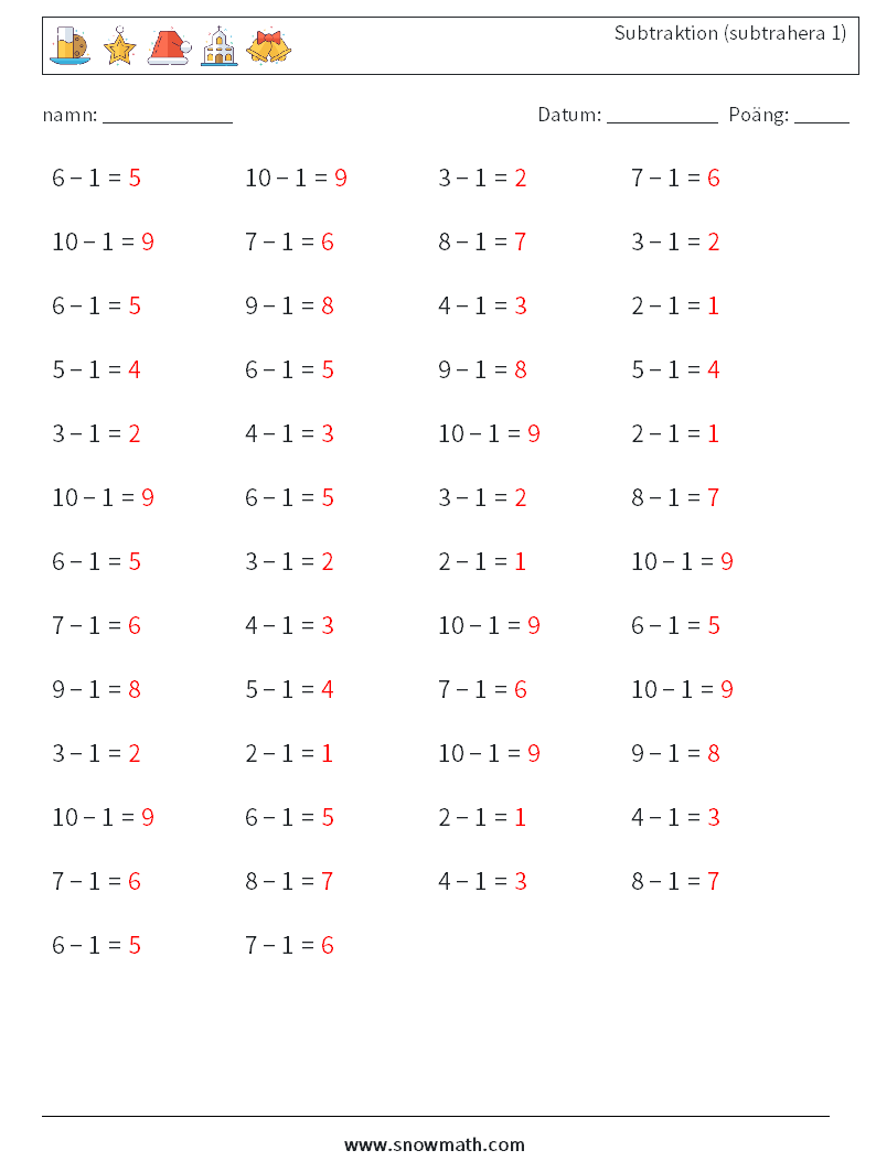 (50) Subtraktion (subtrahera 1) Matematiska arbetsblad 9 Fråga, svar