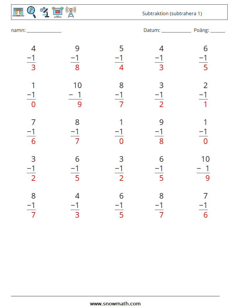 (25) Subtraktion (subtrahera 1) Matematiska arbetsblad 1 Fråga, svar