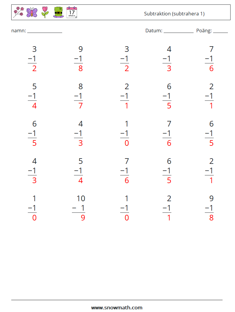 (25) Subtraktion (subtrahera 1) Matematiska arbetsblad 2 Fråga, svar