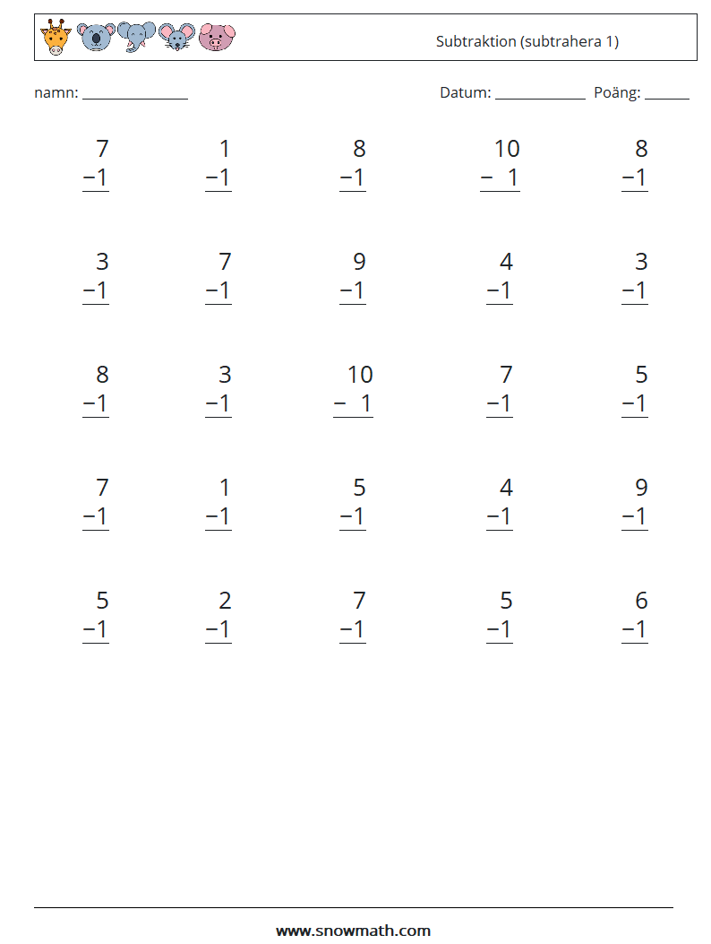 (25) Subtraktion (subtrahera 1) Matematiska arbetsblad 3