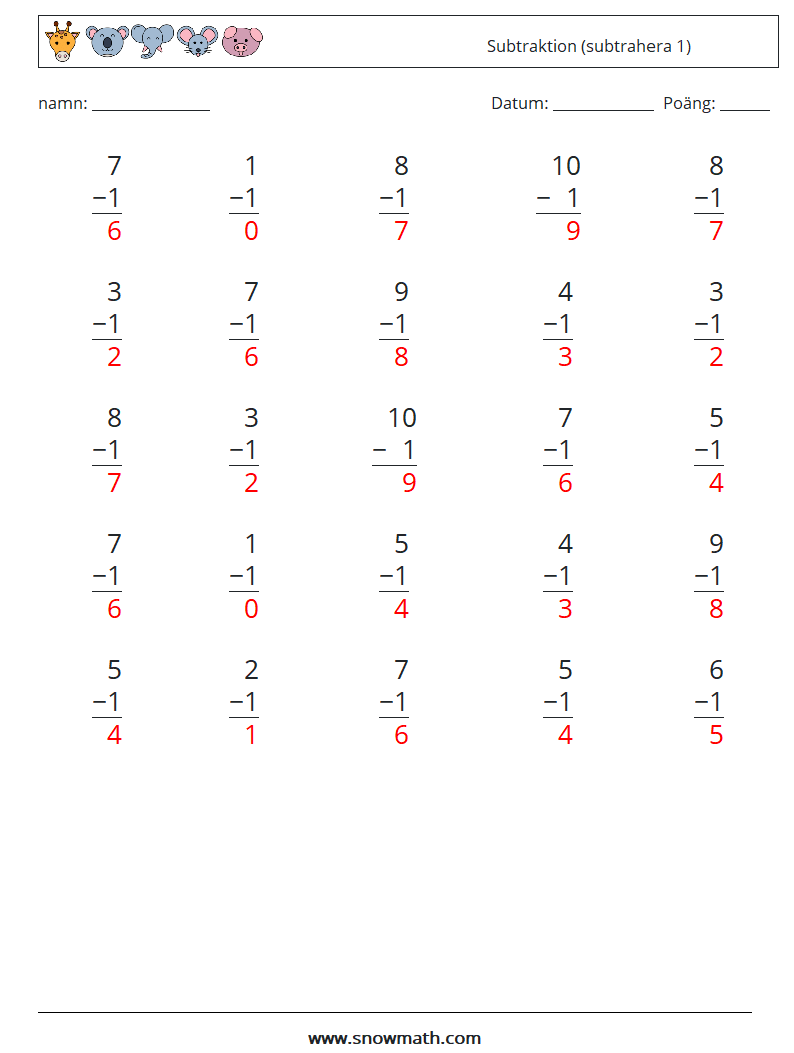 (25) Subtraktion (subtrahera 1) Matematiska arbetsblad 3 Fråga, svar