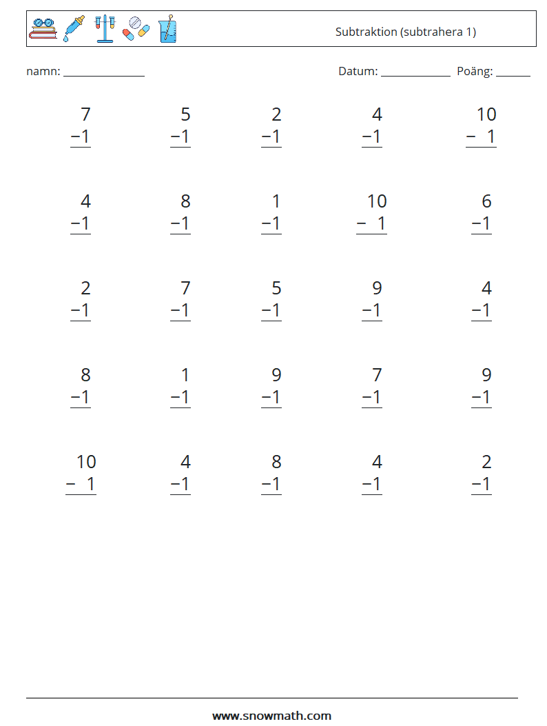 (25) Subtraktion (subtrahera 1) Matematiska arbetsblad 4