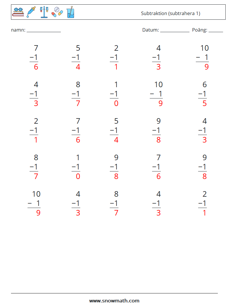 (25) Subtraktion (subtrahera 1) Matematiska arbetsblad 4 Fråga, svar