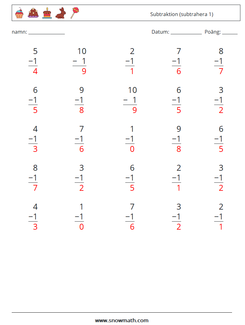 (25) Subtraktion (subtrahera 1) Matematiska arbetsblad 5 Fråga, svar