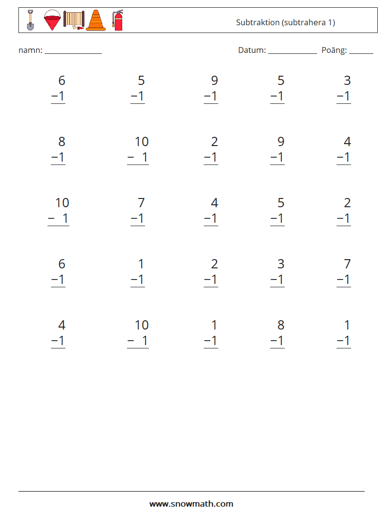 (25) Subtraktion (subtrahera 1) Matematiska arbetsblad 7