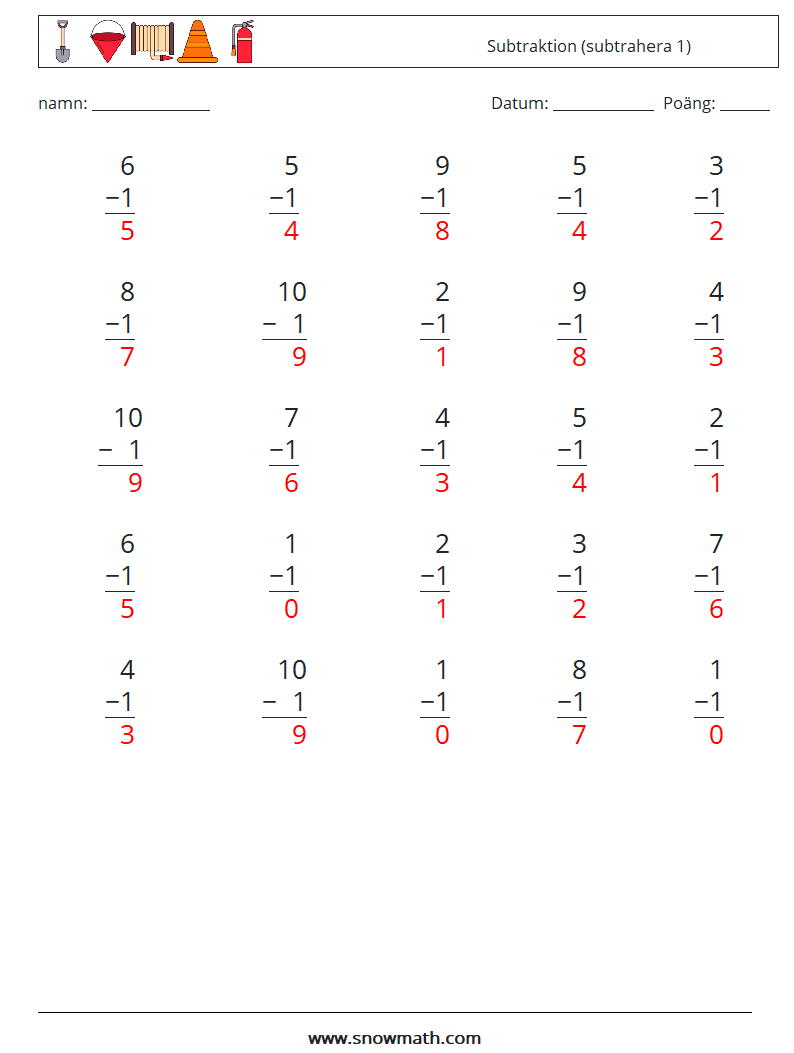 (25) Subtraktion (subtrahera 1) Matematiska arbetsblad 7 Fråga, svar