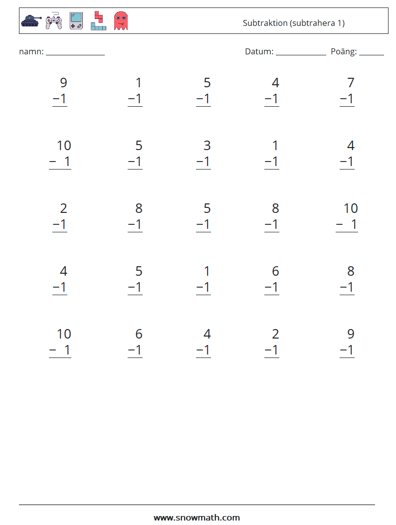 (25) Subtraktion (subtrahera 1) Matematiska arbetsblad 8