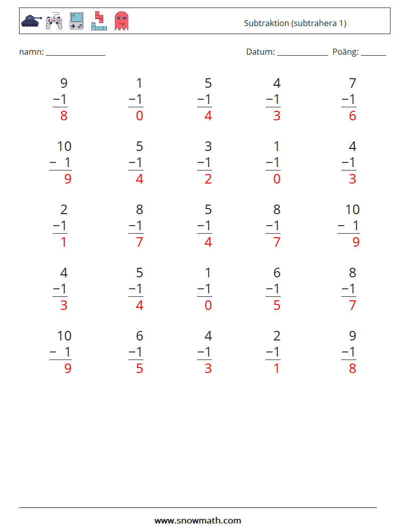 (25) Subtraktion (subtrahera 1) Matematiska arbetsblad 8 Fråga, svar