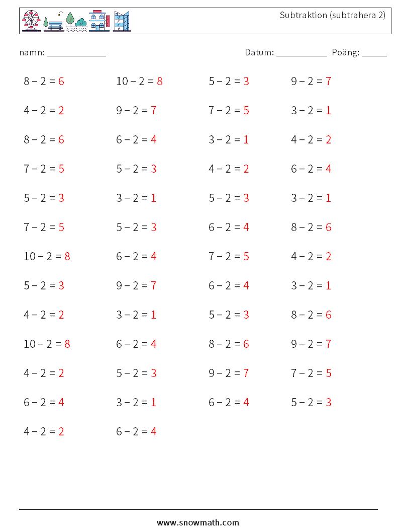 (50) Subtraktion (subtrahera 2) Matematiska arbetsblad 1 Fråga, svar