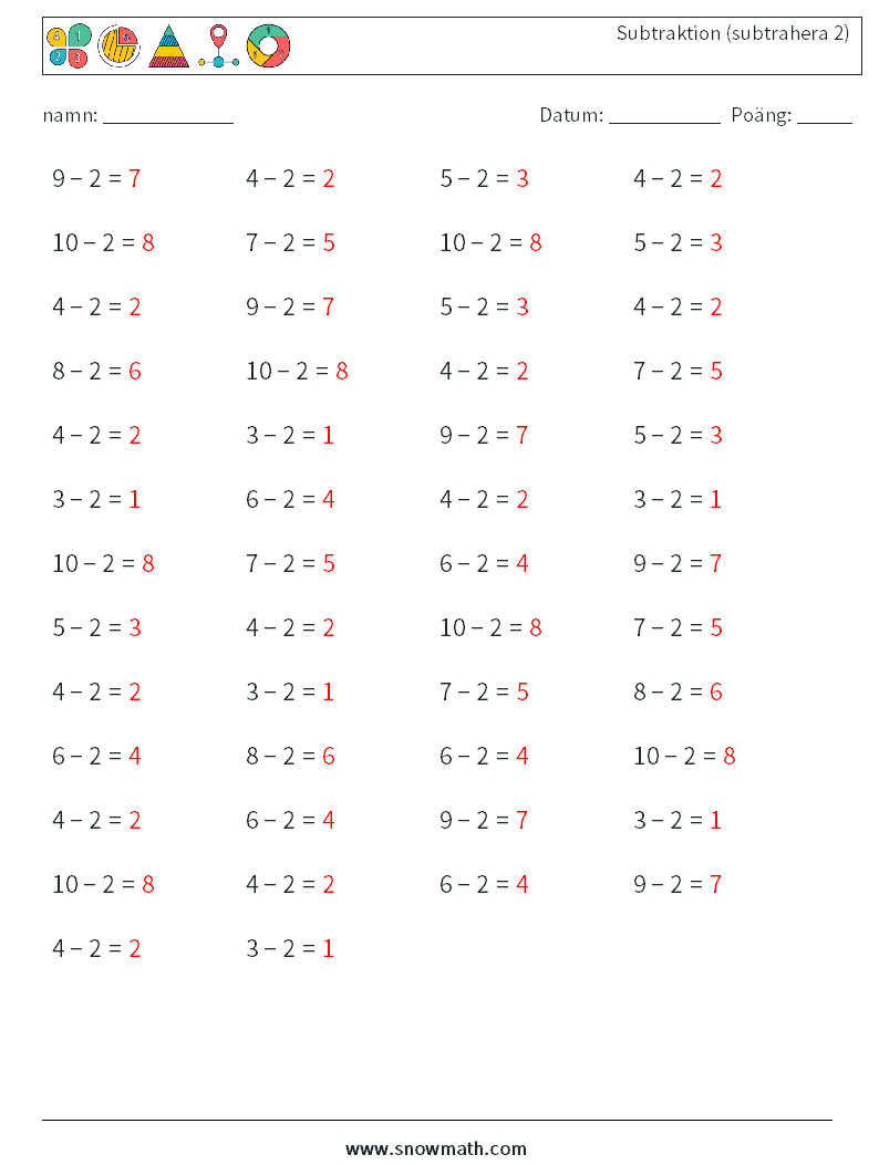 (50) Subtraktion (subtrahera 2) Matematiska arbetsblad 2 Fråga, svar
