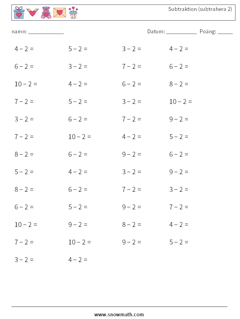 (50) Subtraktion (subtrahera 2) Matematiska arbetsblad 3