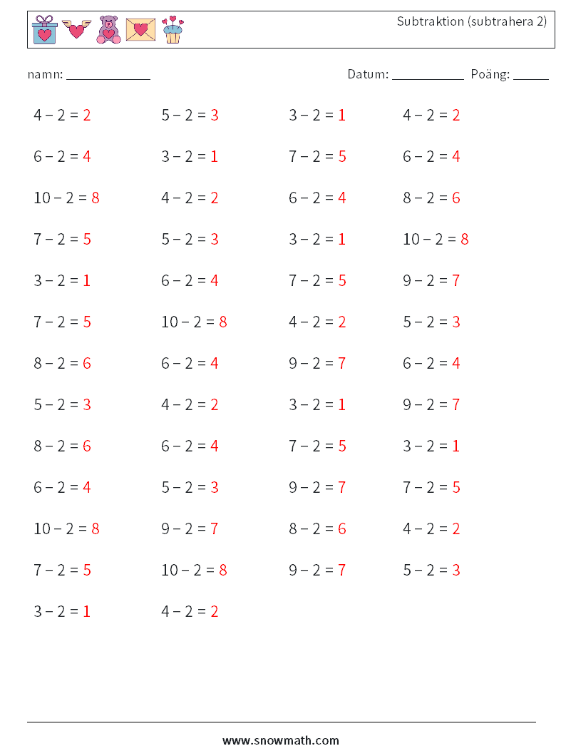 (50) Subtraktion (subtrahera 2) Matematiska arbetsblad 3 Fråga, svar
