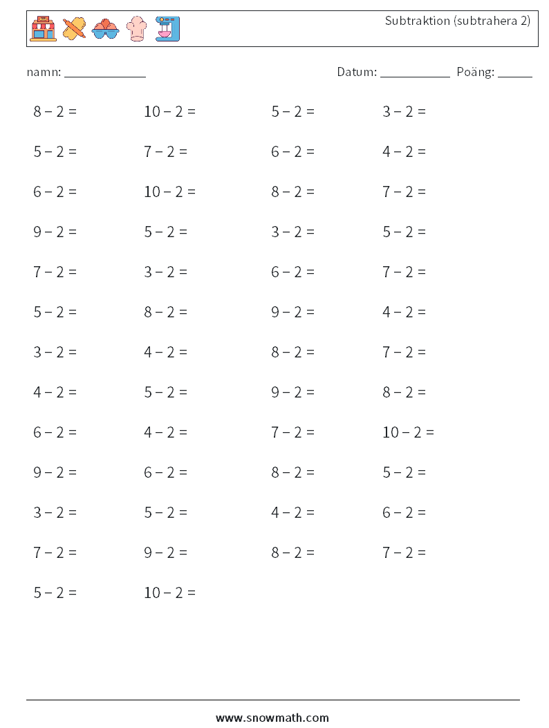 (50) Subtraktion (subtrahera 2) Matematiska arbetsblad 4