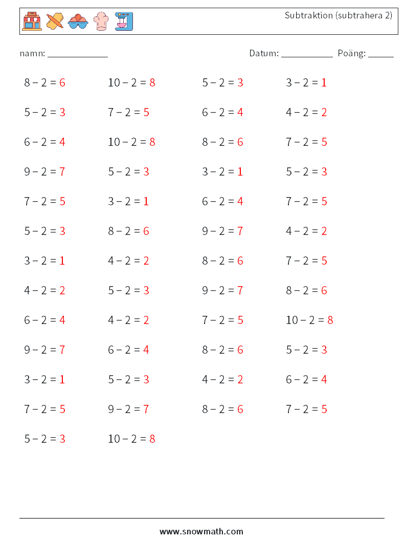 (50) Subtraktion (subtrahera 2) Matematiska arbetsblad 4 Fråga, svar