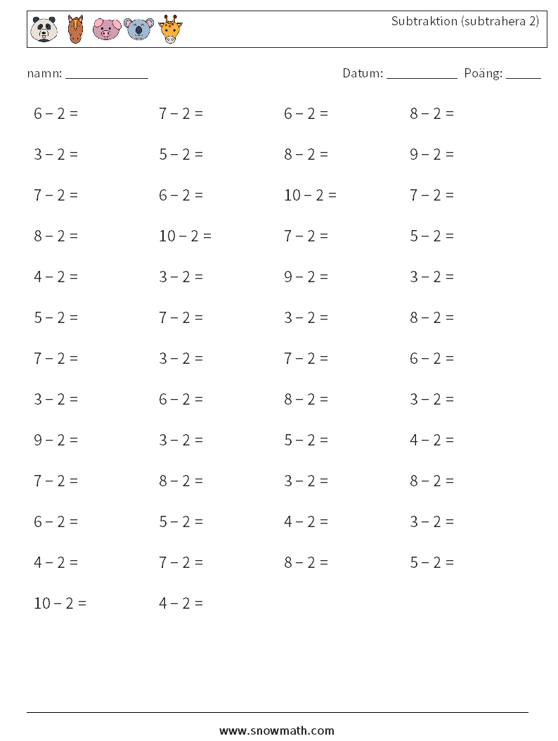 (50) Subtraktion (subtrahera 2) Matematiska arbetsblad 5