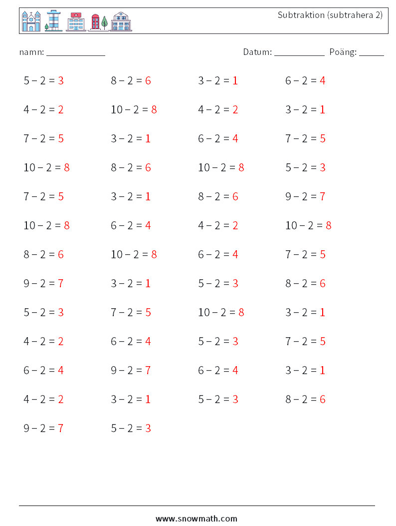 (50) Subtraktion (subtrahera 2) Matematiska arbetsblad 6 Fråga, svar