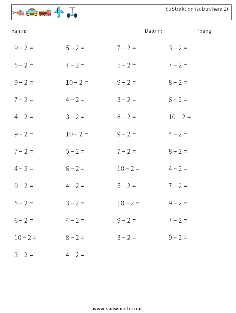 (50) Subtraktion (subtrahera 2) Matematiska arbetsblad 7