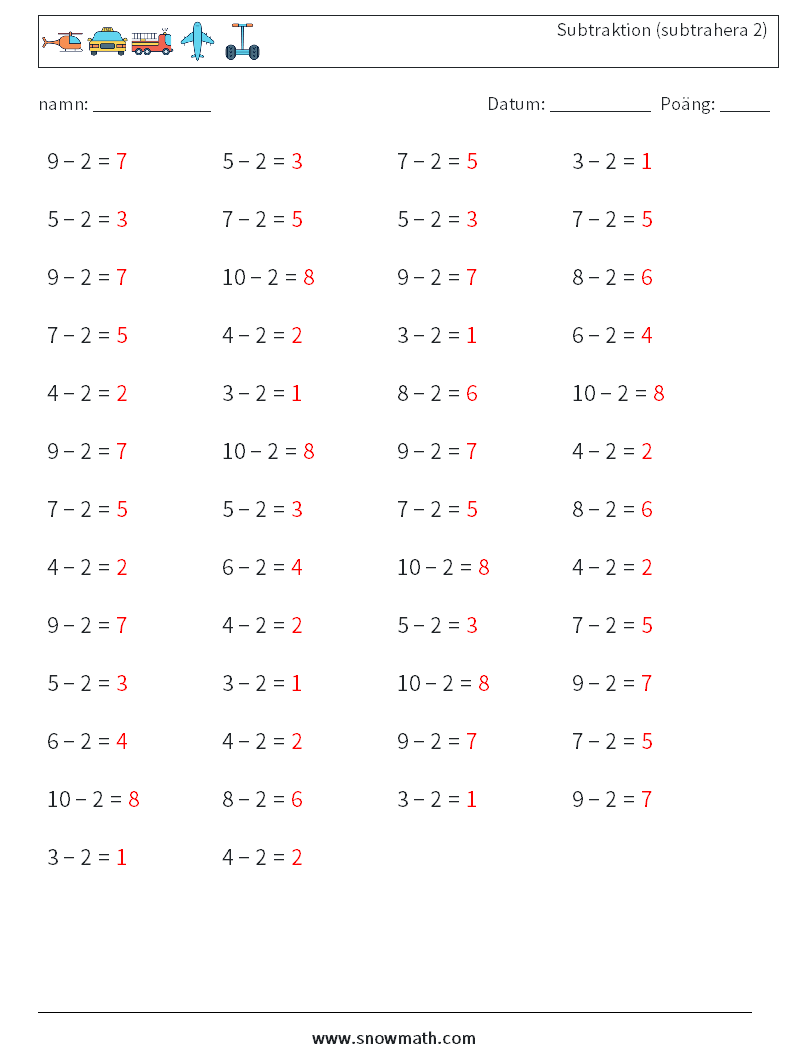 (50) Subtraktion (subtrahera 2) Matematiska arbetsblad 7 Fråga, svar