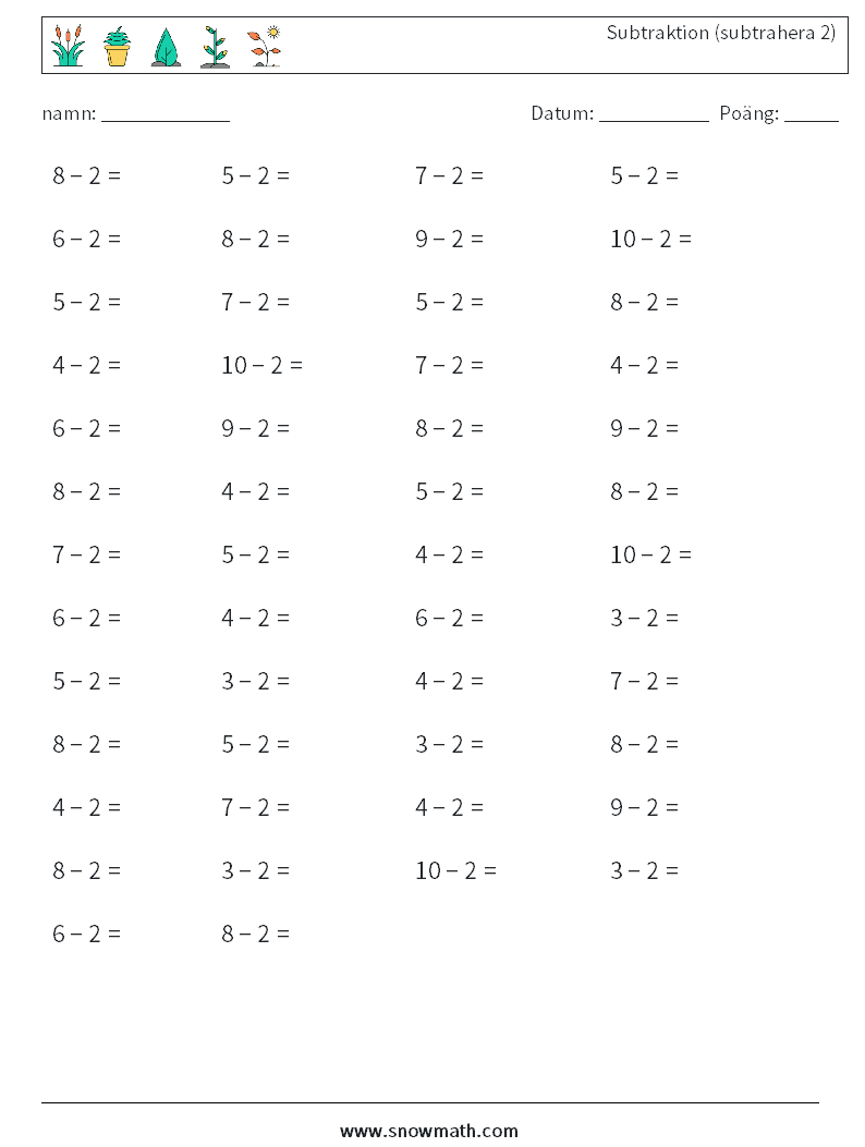 (50) Subtraktion (subtrahera 2) Matematiska arbetsblad 8