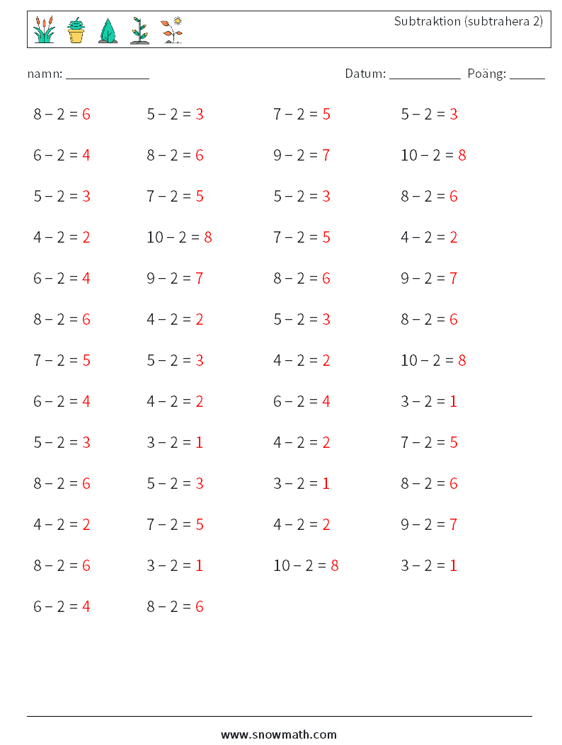 (50) Subtraktion (subtrahera 2) Matematiska arbetsblad 8 Fråga, svar