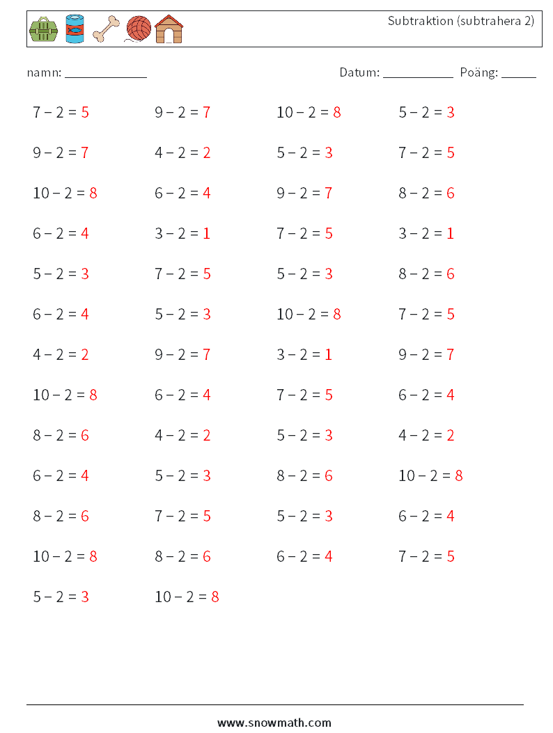 (50) Subtraktion (subtrahera 2) Matematiska arbetsblad 9 Fråga, svar