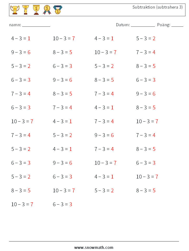 (50) Subtraktion (subtrahera 3) Matematiska arbetsblad 1 Fråga, svar