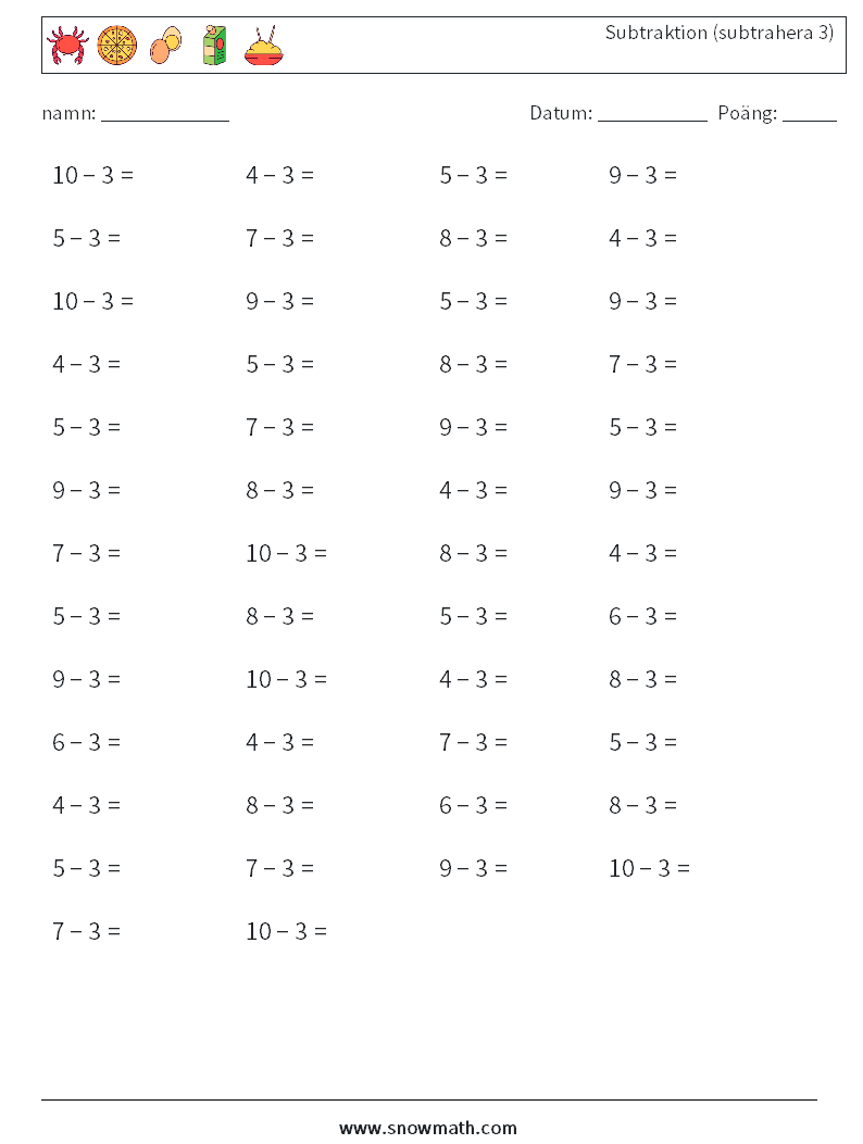 (50) Subtraktion (subtrahera 3) Matematiska arbetsblad 2