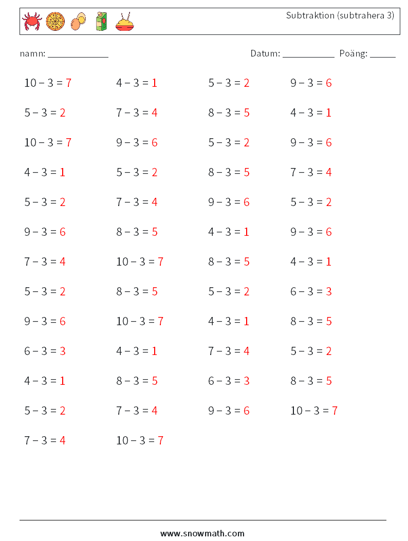 (50) Subtraktion (subtrahera 3) Matematiska arbetsblad 2 Fråga, svar