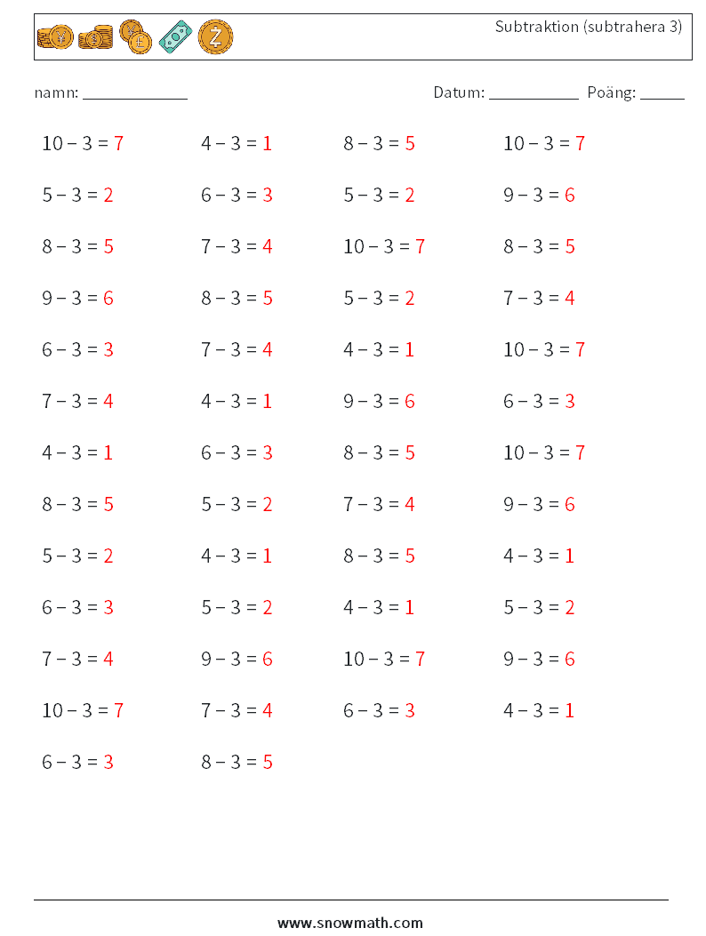 (50) Subtraktion (subtrahera 3) Matematiska arbetsblad 9 Fråga, svar