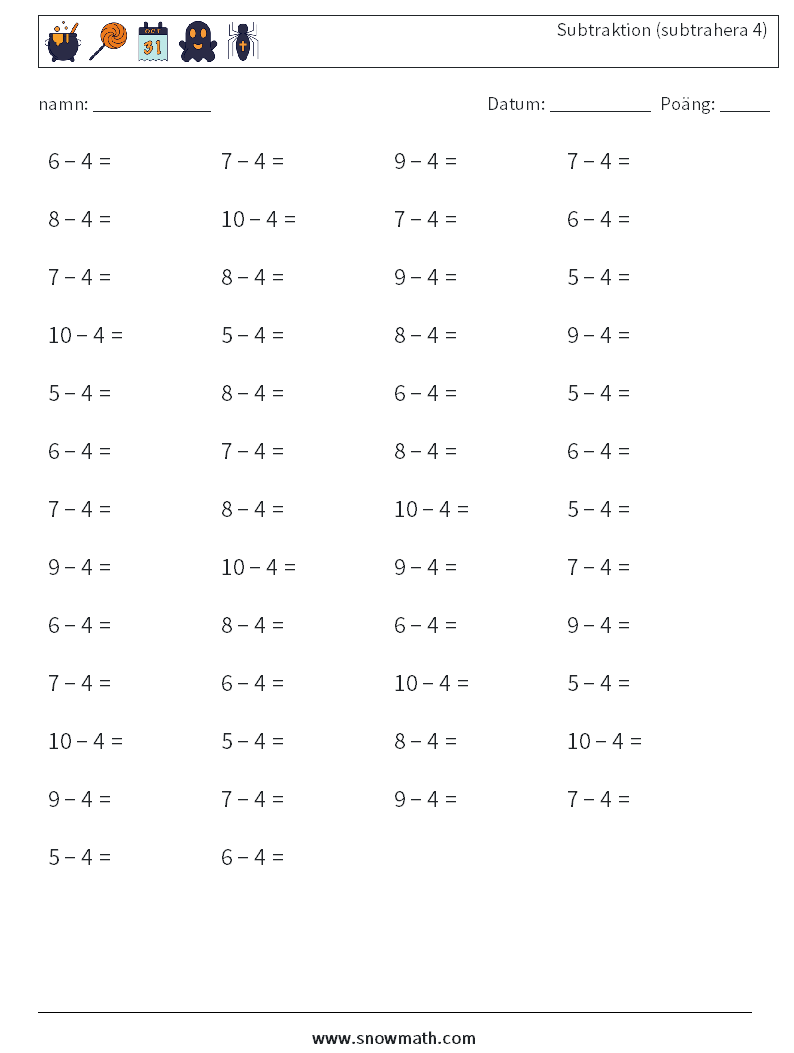 (50) Subtraktion (subtrahera 4) Matematiska arbetsblad 1