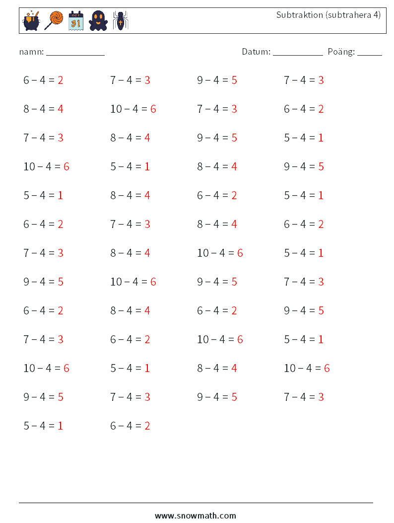 (50) Subtraktion (subtrahera 4) Matematiska arbetsblad 1 Fråga, svar