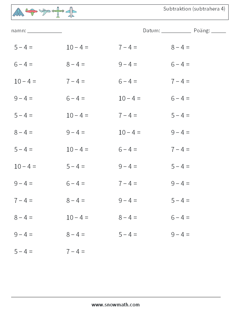 (50) Subtraktion (subtrahera 4) Matematiska arbetsblad 2