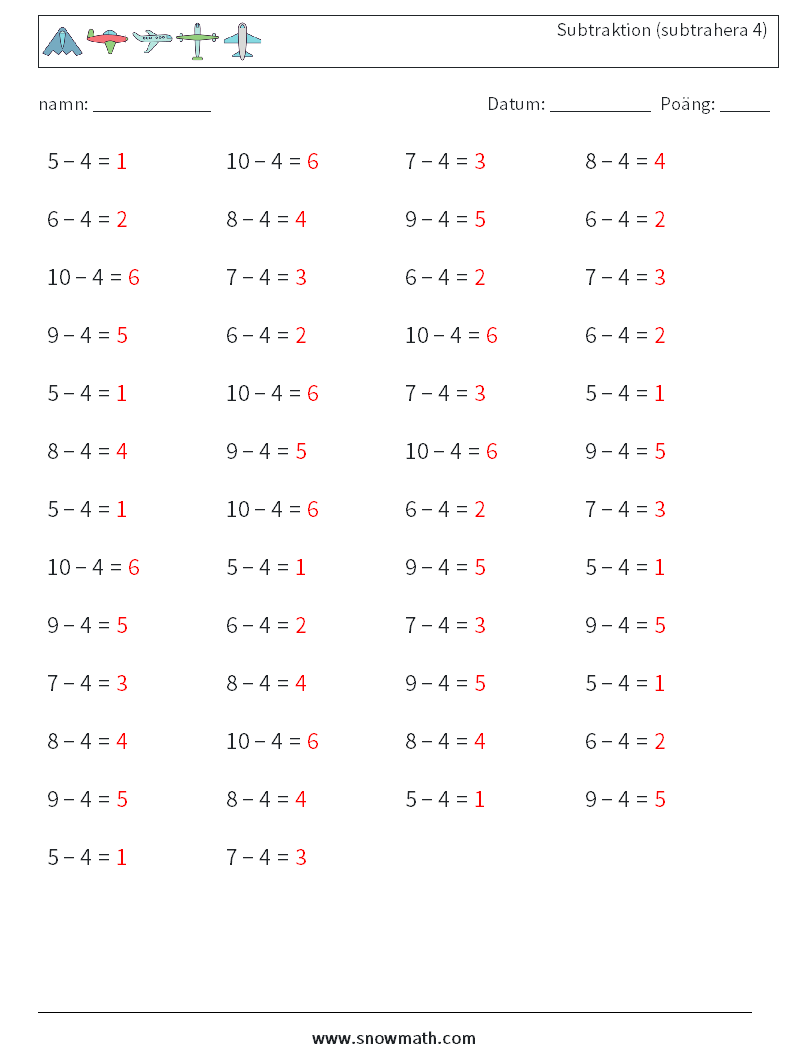 (50) Subtraktion (subtrahera 4) Matematiska arbetsblad 2 Fråga, svar