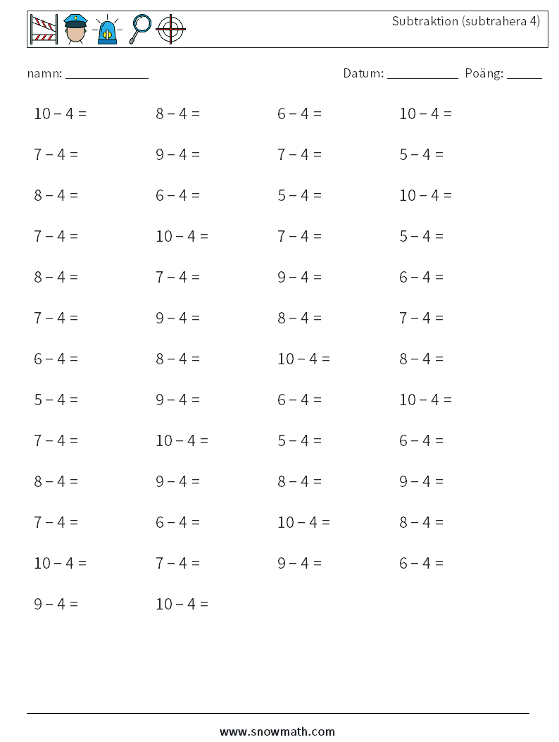 (50) Subtraktion (subtrahera 4) Matematiska arbetsblad 3