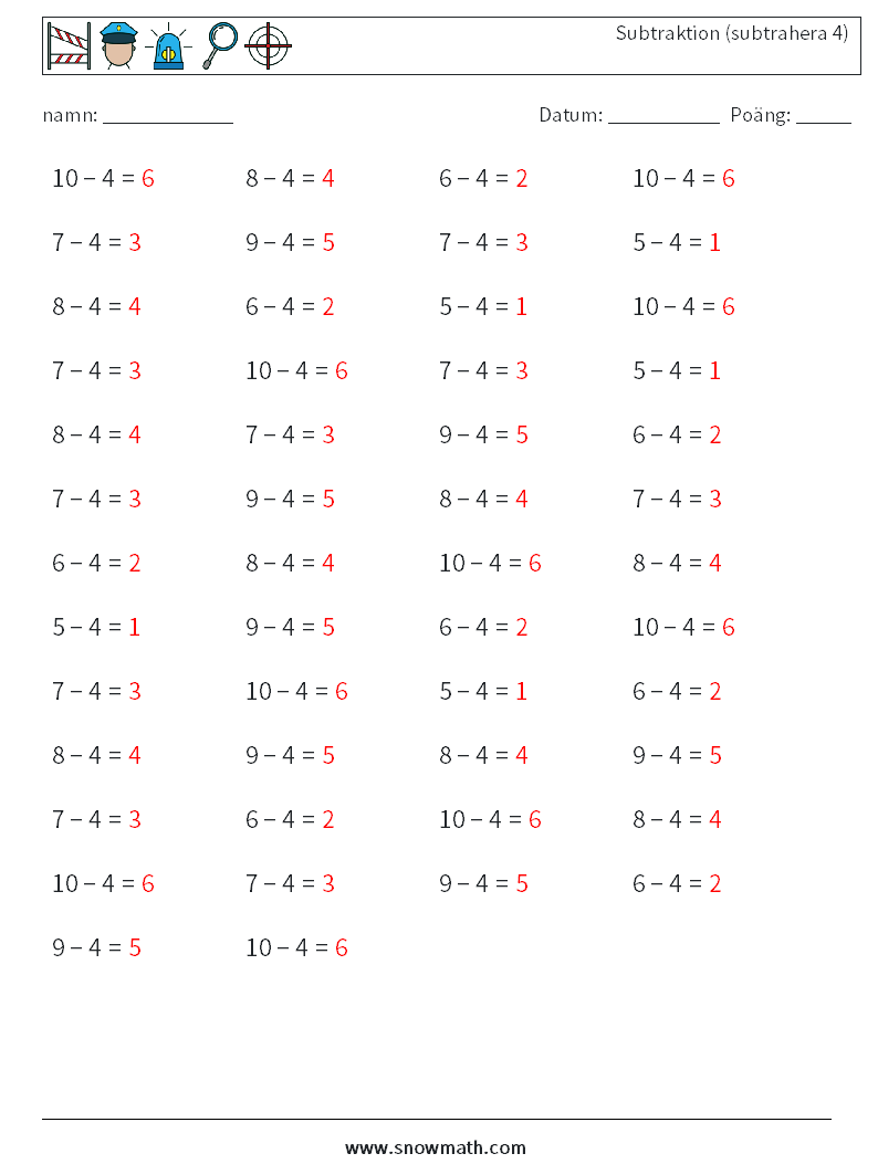 (50) Subtraktion (subtrahera 4) Matematiska arbetsblad 3 Fråga, svar