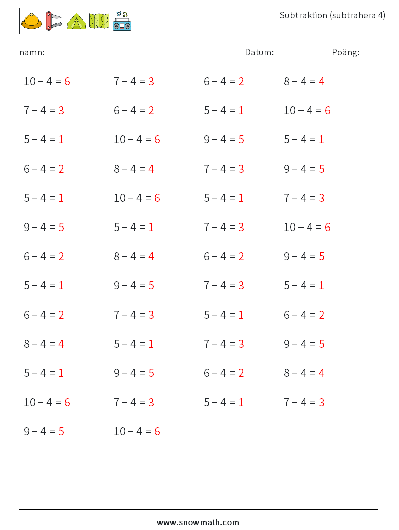 (50) Subtraktion (subtrahera 4) Matematiska arbetsblad 4 Fråga, svar