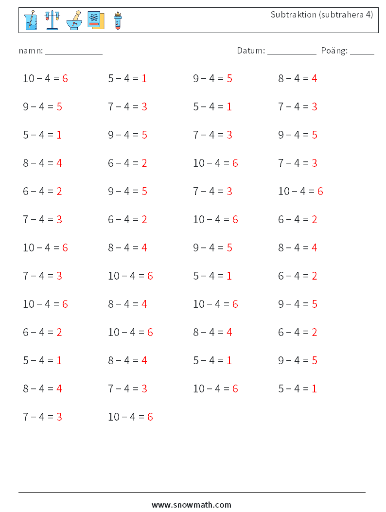 (50) Subtraktion (subtrahera 4) Matematiska arbetsblad 6 Fråga, svar
