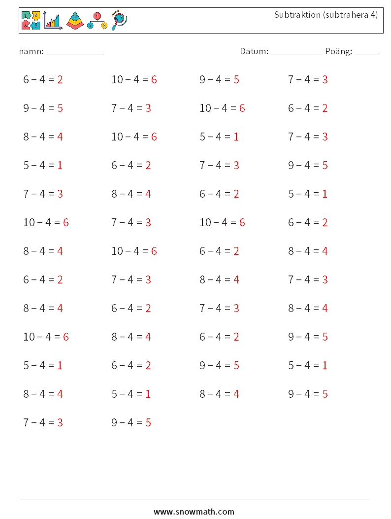 (50) Subtraktion (subtrahera 4) Matematiska arbetsblad 7 Fråga, svar