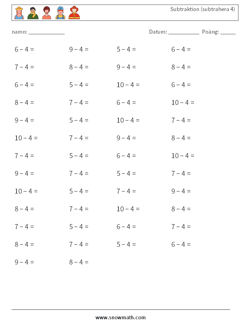 (50) Subtraktion (subtrahera 4) Matematiska arbetsblad 8