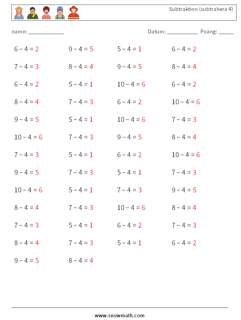 (50) Subtraktion (subtrahera 4) Matematiska arbetsblad 8 Fråga, svar
