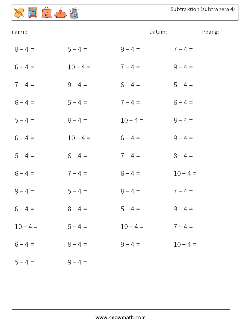 (50) Subtraktion (subtrahera 4) Matematiska arbetsblad 9